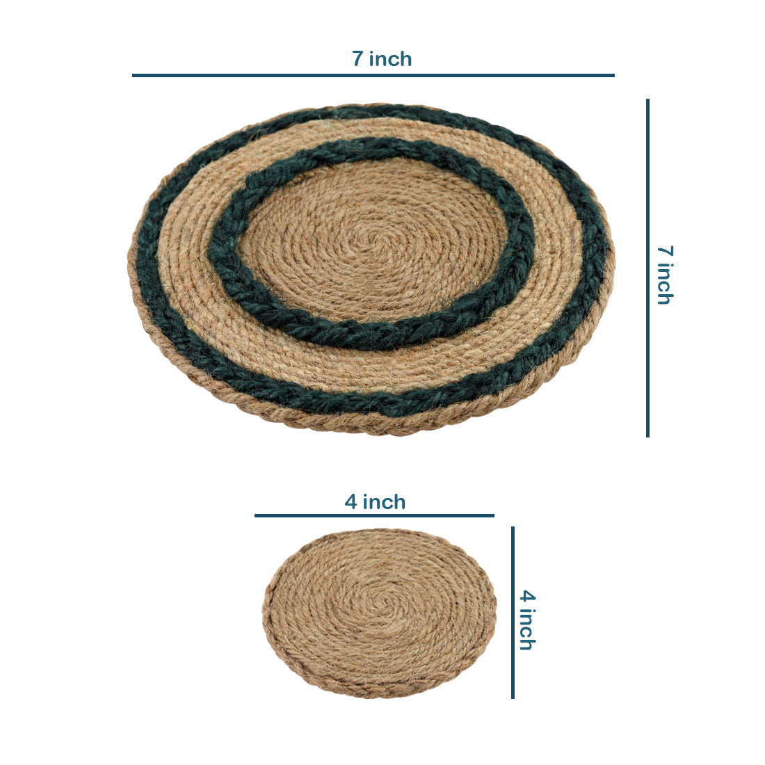 Jute Green Coaster Set, handmade coaster set , Round design Green coasters CS022