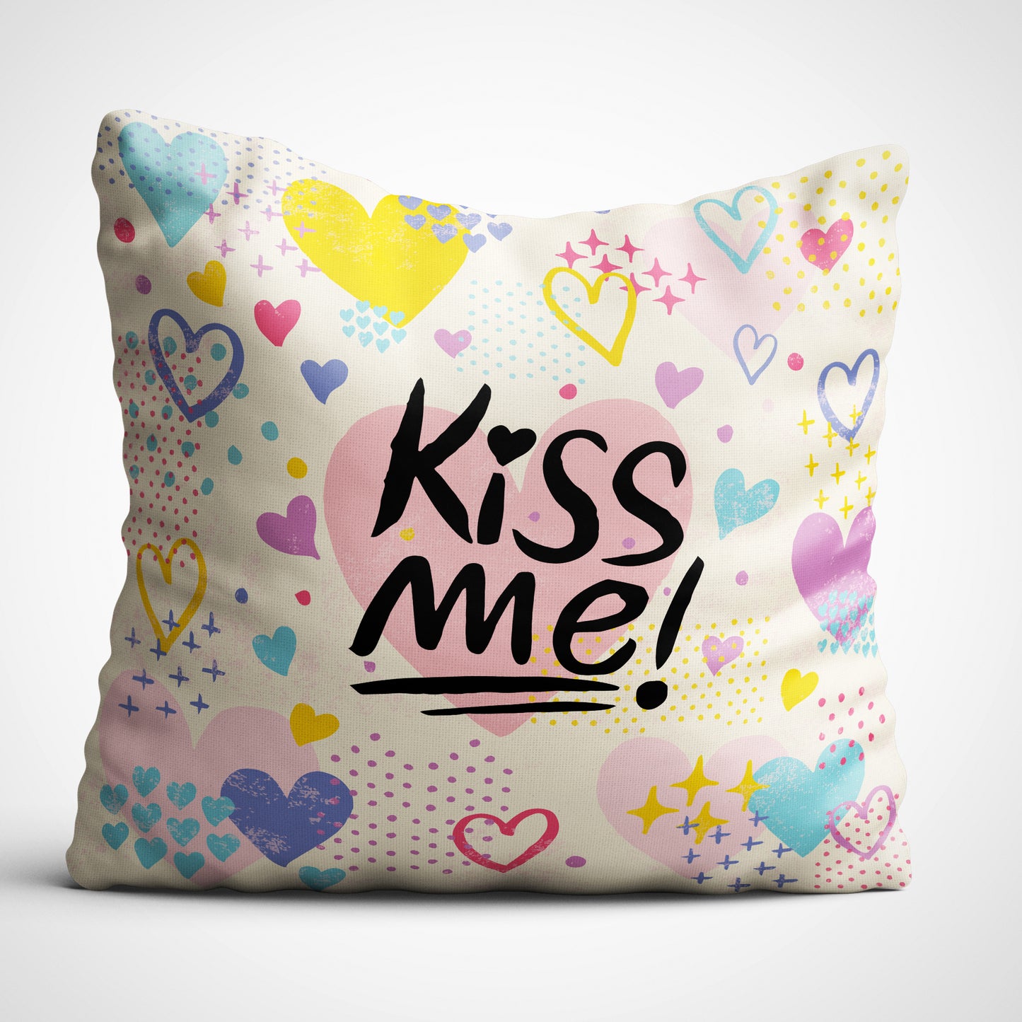 Indiyaza gift Kiss Me Multiple Hearts Digitally Printed Throw Pillow Cover/Case in Micro Stain Fabric Decorative for Couch Bed Car 12x12 cm Single with Filler Ivory White