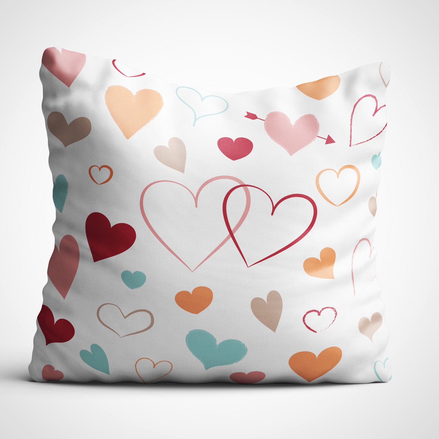Indiyaza gift Lots of Colourful Hearts Digitally Printed Throw Pillow Cover/Case in Micro Stain Fabric Decorative for Couch Bed Car 12x12 cm Single with Filler Lace White