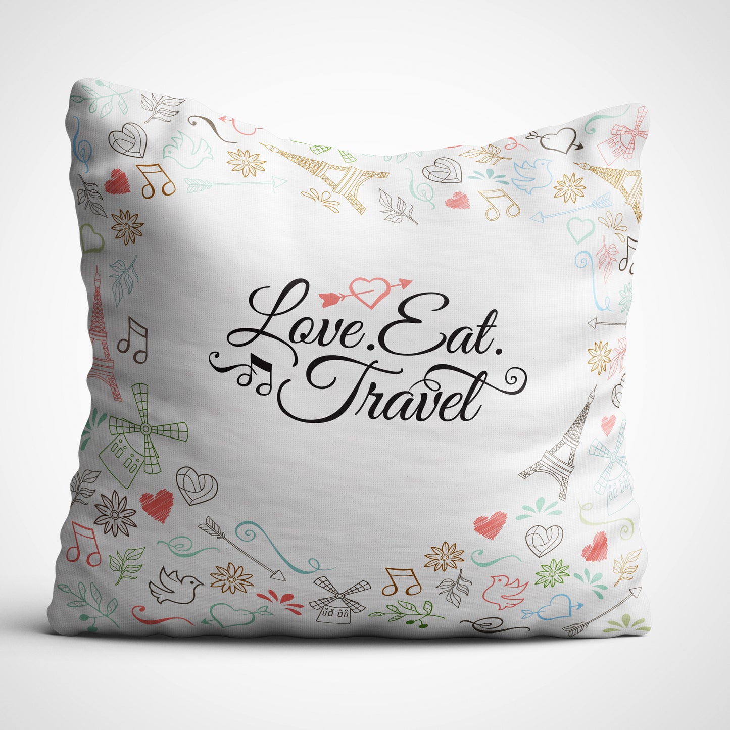 Indiyaza gift Love Eat Travel Digitally Printed Throw Pillow Cover/Case in Micro Stain Fabric Decorative for Couch Bed Car 12x12 cm Single with Filler Snow White