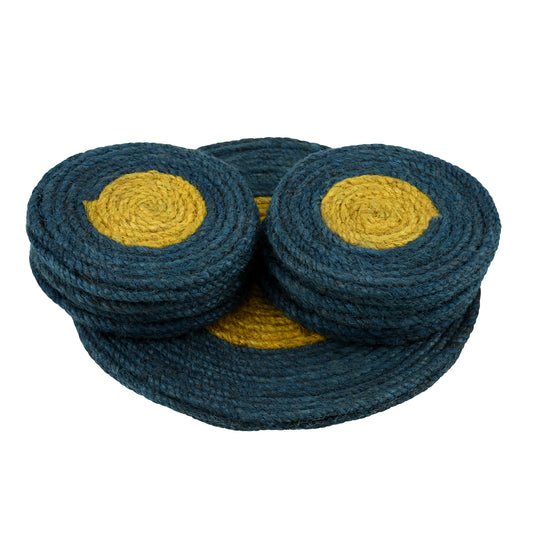 Jute Blue Yellow Coaster Set, handmade coaster set , Round design coasters CS014
