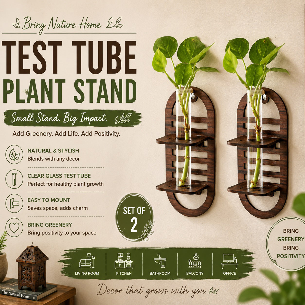 Wall Hanging Wooden Test Tube Planter Set of 2