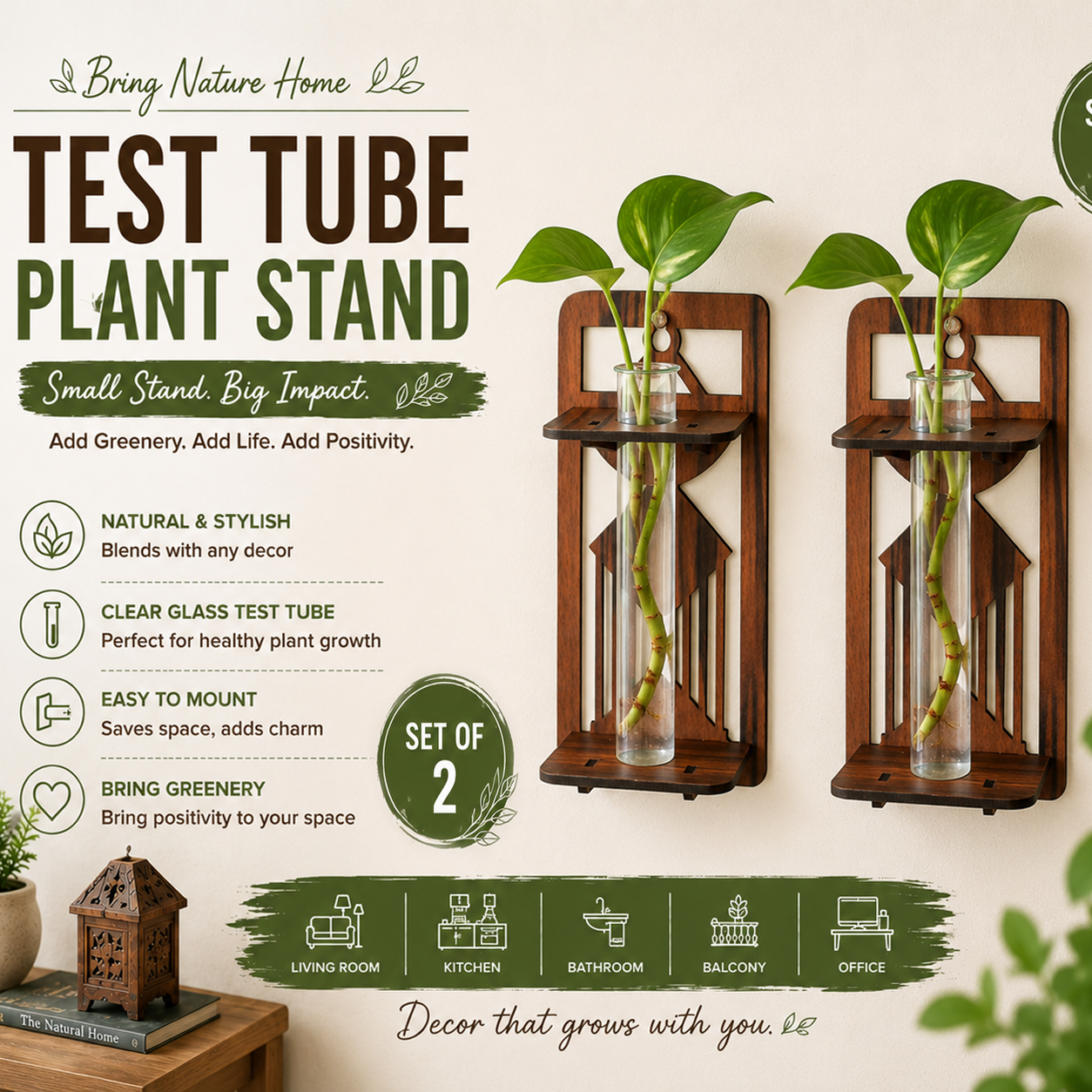 Wall Hanging Wooden Test Tube Planter Set of 2