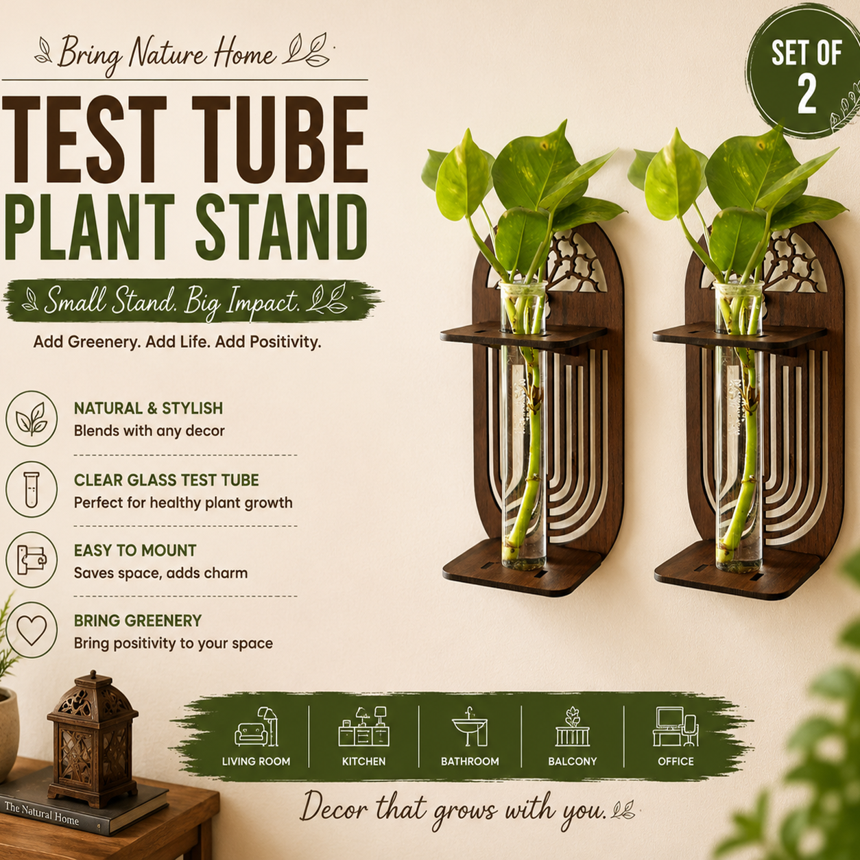 Wall Hanging Wooden Test Tube Planter Set of 2