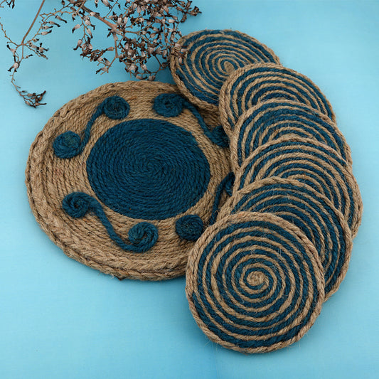 Jute Blue Flower  Coaster Set, handmade coaster set , Round design Blue coasters CS019