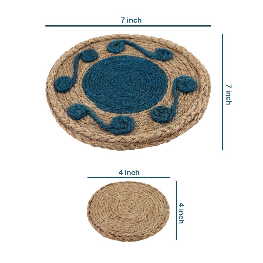 Jute Blue Flower  Coaster Set, handmade coaster set , Round design Blue coasters C020