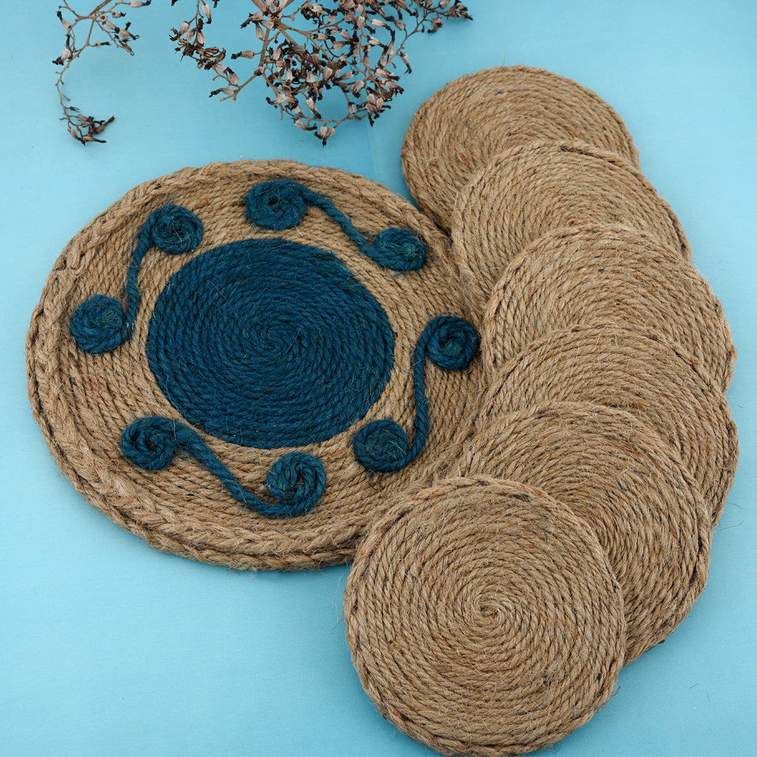 Jute Blue Flower  Coaster Set, handmade coaster set , Round design Blue coasters C020