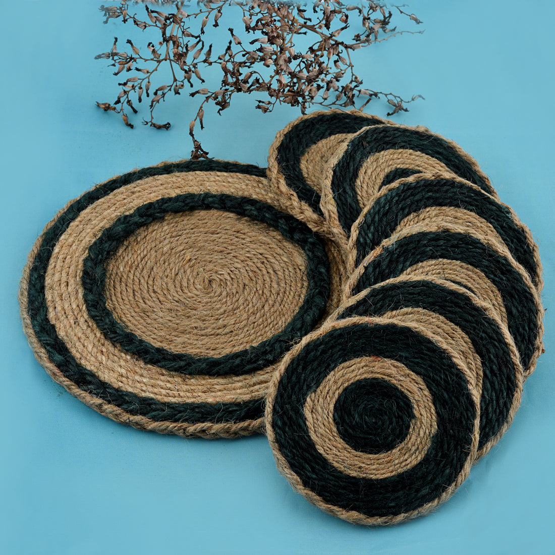 Jute Green Flower Coaster Set, handmade coaster set , Round design Green coasters CS021