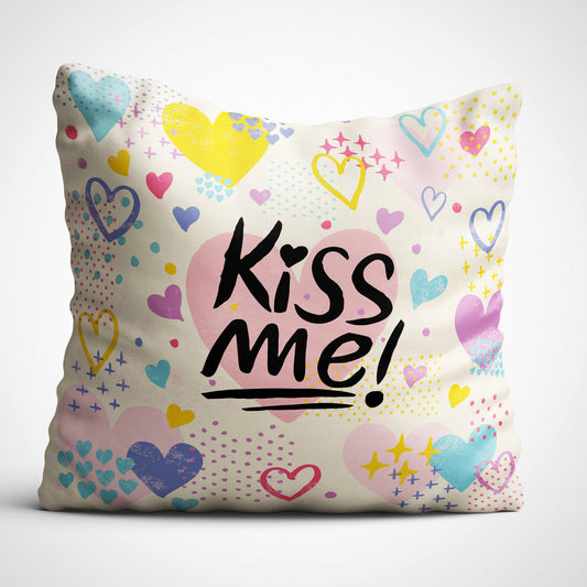 Indiyaza gift Kiss Me Multiple Hearts Digitally Printed Throw Pillow Cover/Case in Micro Stain Fabric Decorative for Couch Bed Car 12x12 cm Single with Filler Ivory White