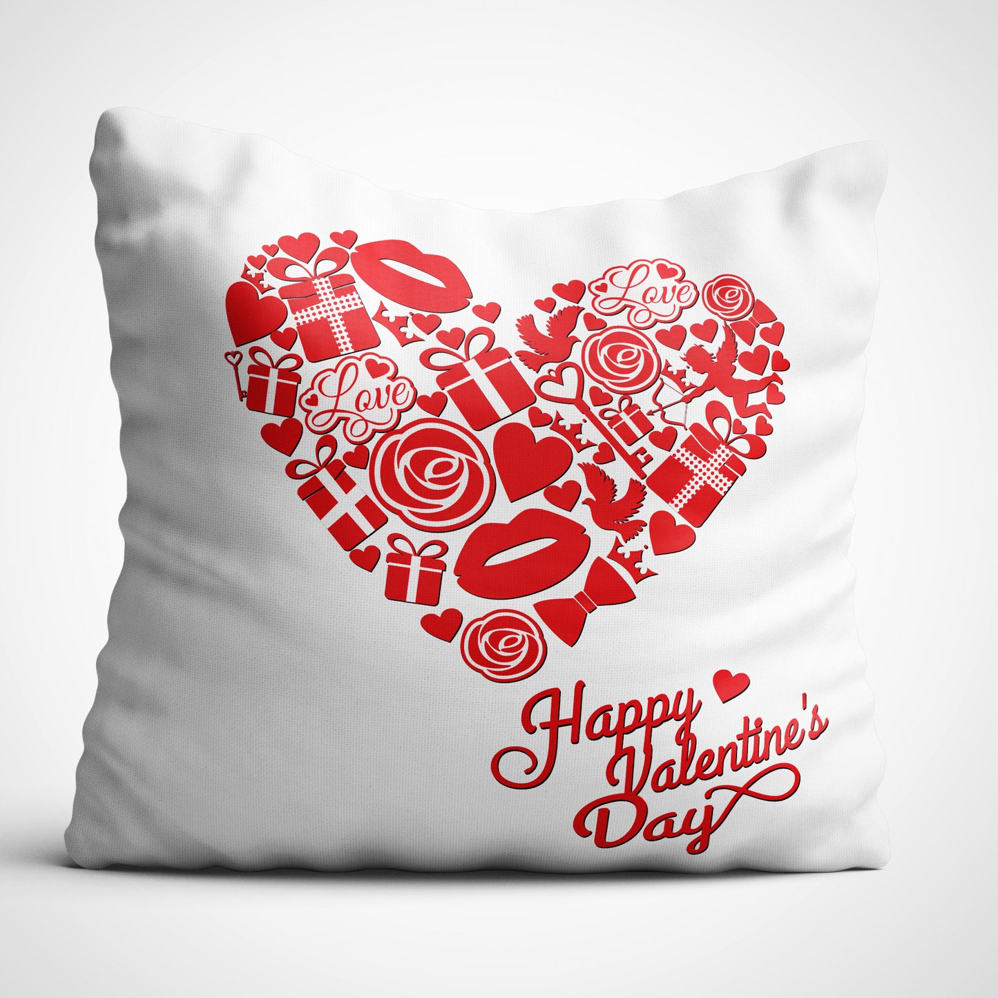 Indiyaza gift Happy Valentine's Day Digitally Printed Throw Pillow Cover/Case in Micro Stain Fabric Decorative for Couch Bed Car 12x12 cm Single with Filler Pearl White