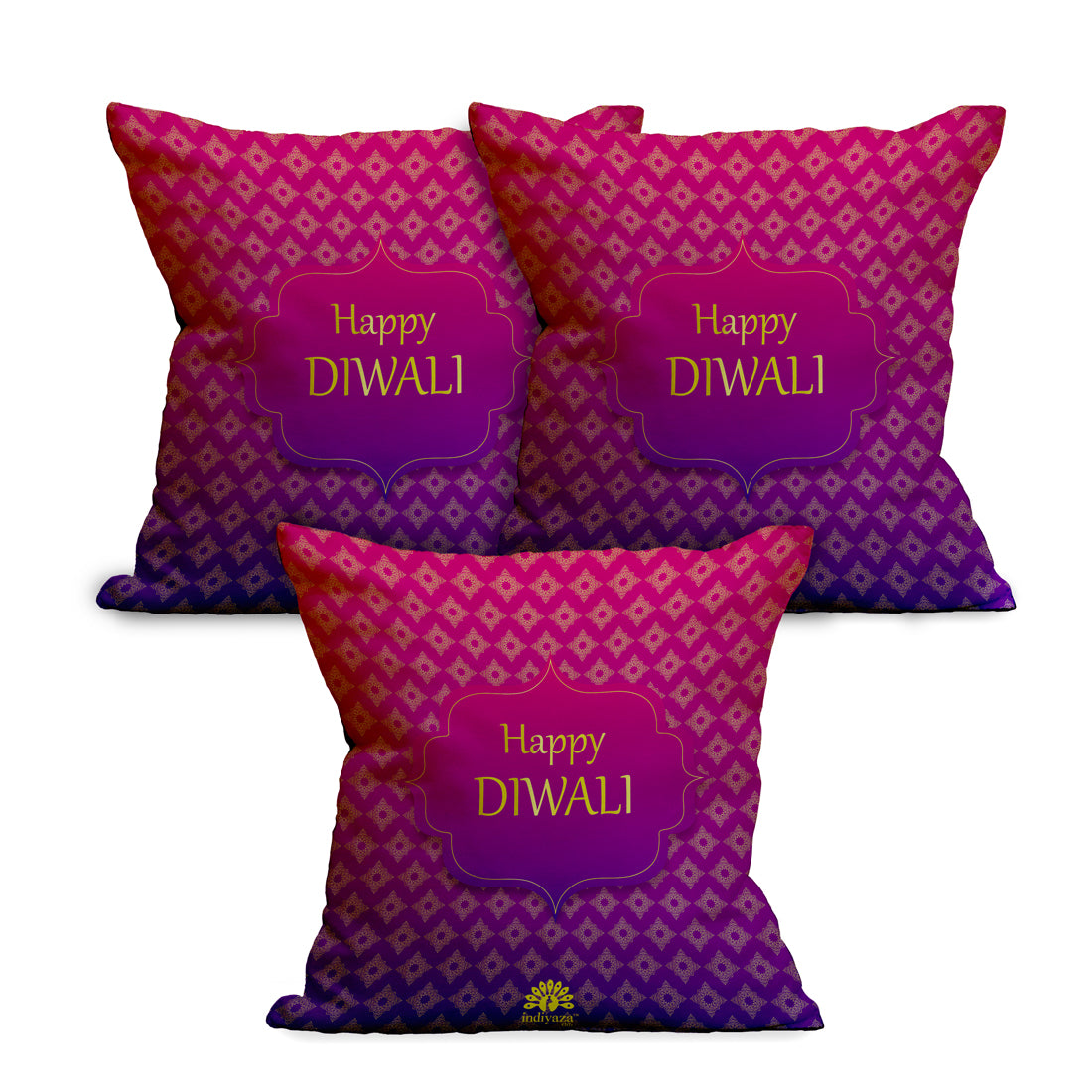 Indiyaza Gift Cushion Cover Happy Diwali Micro Satin Cushion cover 12"X12" Set of 3