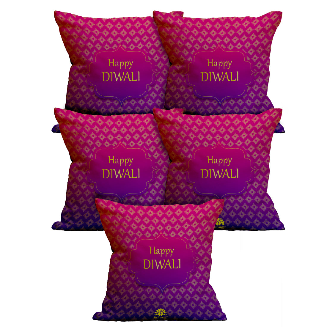 Indiyaza Gift Cushion Cover Happy Diwali Micro Satin Cushion cover 12"X12" Set of 5