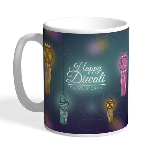 Indiyaza Gift Happy Diwali Festival of Lights Ceramic coffee Mug 330ml Light Blue