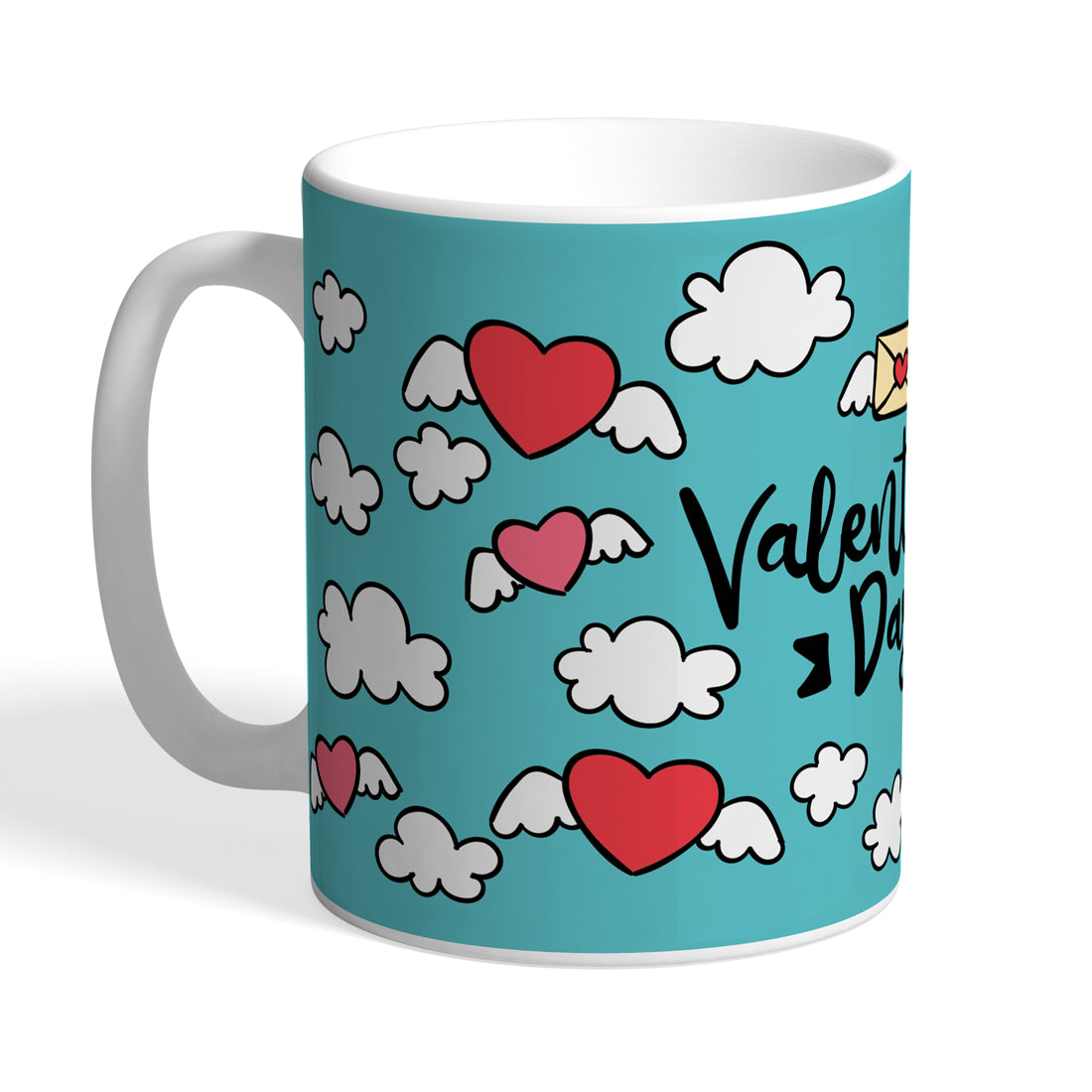 Indiyaza Gift Kitchen Décor Beautiful "happy Valentine Day " Print With Message Icon Love Design Printed Ceramic Round Shape Milk and Water Mug Blue (330ml)