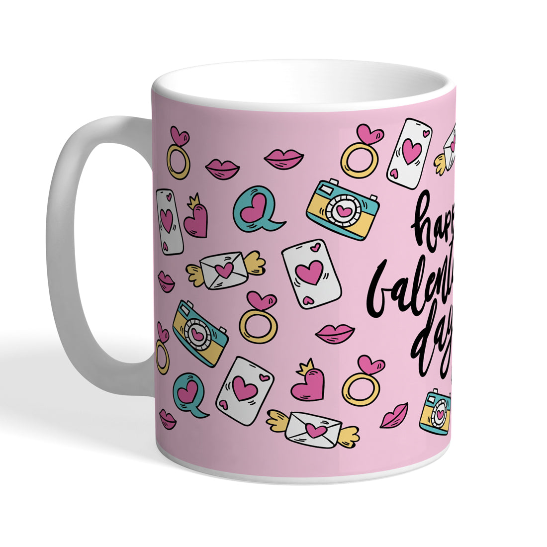 Indiyaza Gift Kitchen Décor Unique "Happy Valentine Day" Print Mobile,messages,Camera,Lip and Watch Icon With Love Design Printed Ceramic Round Shape Milk and Water Mug Pink (330ml)