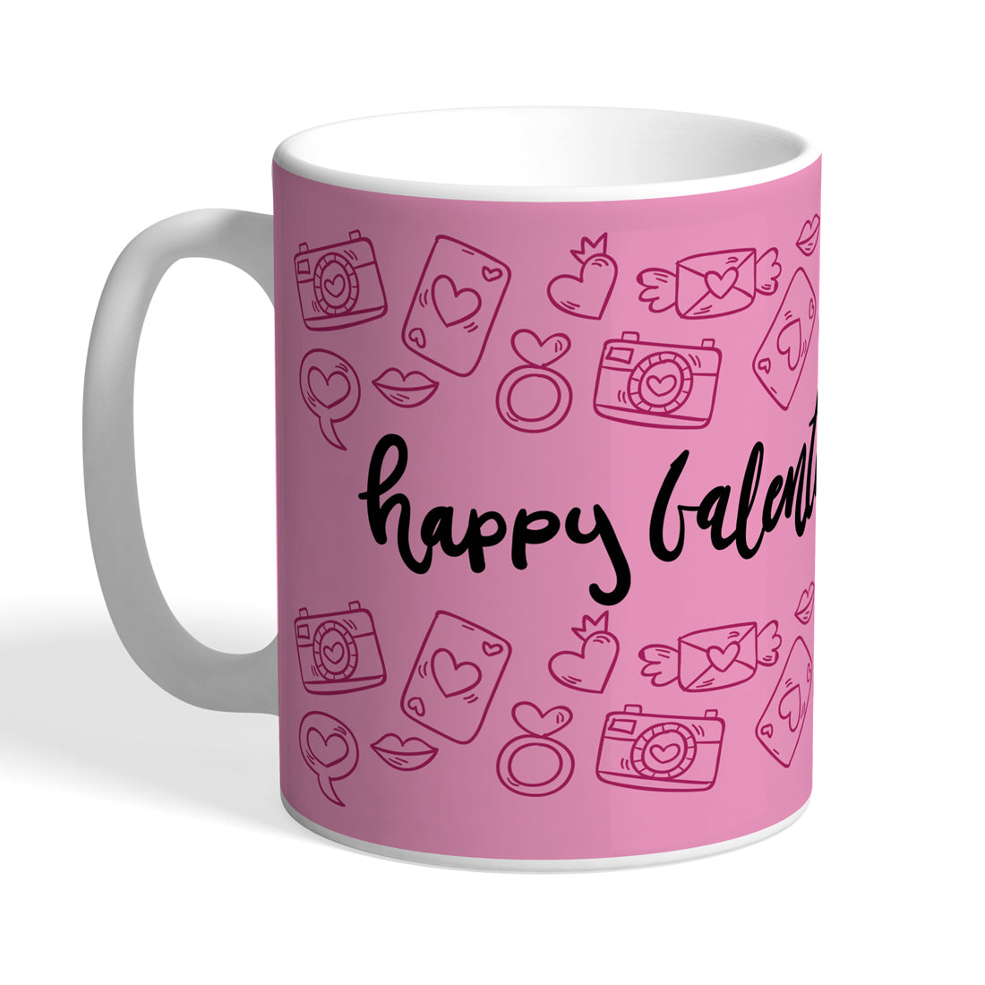 Indiyaza Gift Kitchen Décor Unique and Beautiful "Happy Valentine Day" Print Mobile,messages,Camera,Lip and Watch Icon With Love Design Printed Ceramic Round Shape Milk and Water Mug Pink (330ml)