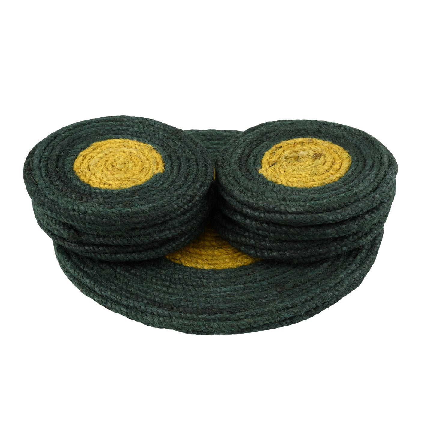 Jute Green Yellow Coaster Set, handmade coaster set , Round design coasters CS012