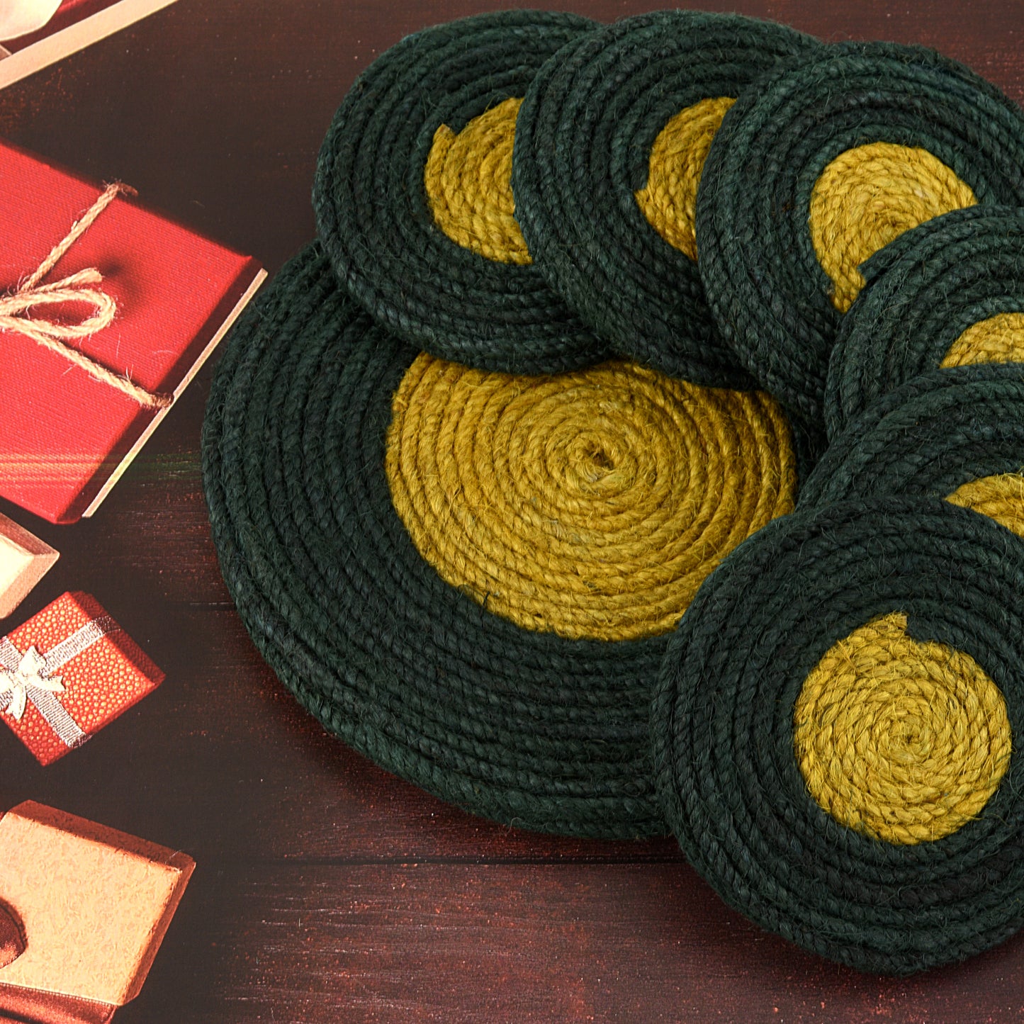 Jute Green Yellow Coaster Set, handmade coaster set , Round design coasters CS012