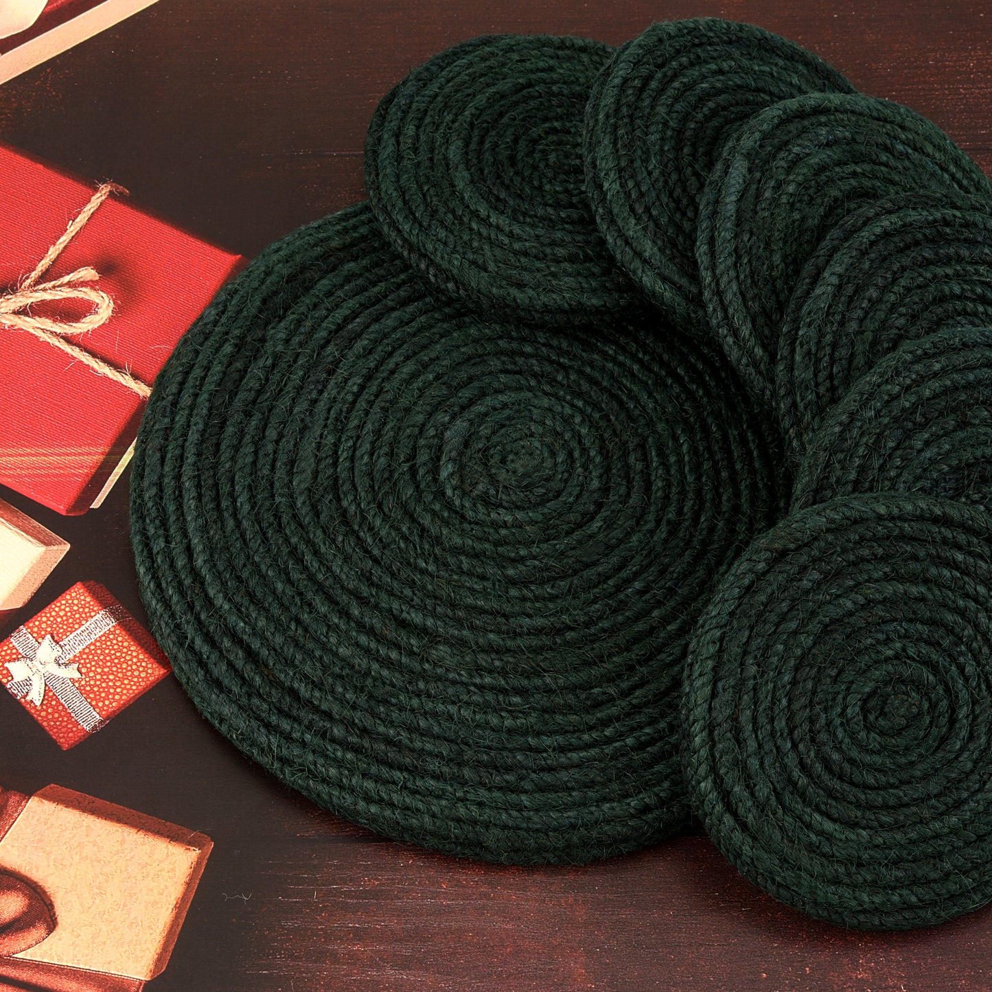 Jute Green Coaster Set, handmade coaster set , Green Round design coasters CS011