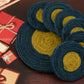 Jute Blue Yellow Coaster Set, handmade coaster set , Round design coasters CS014