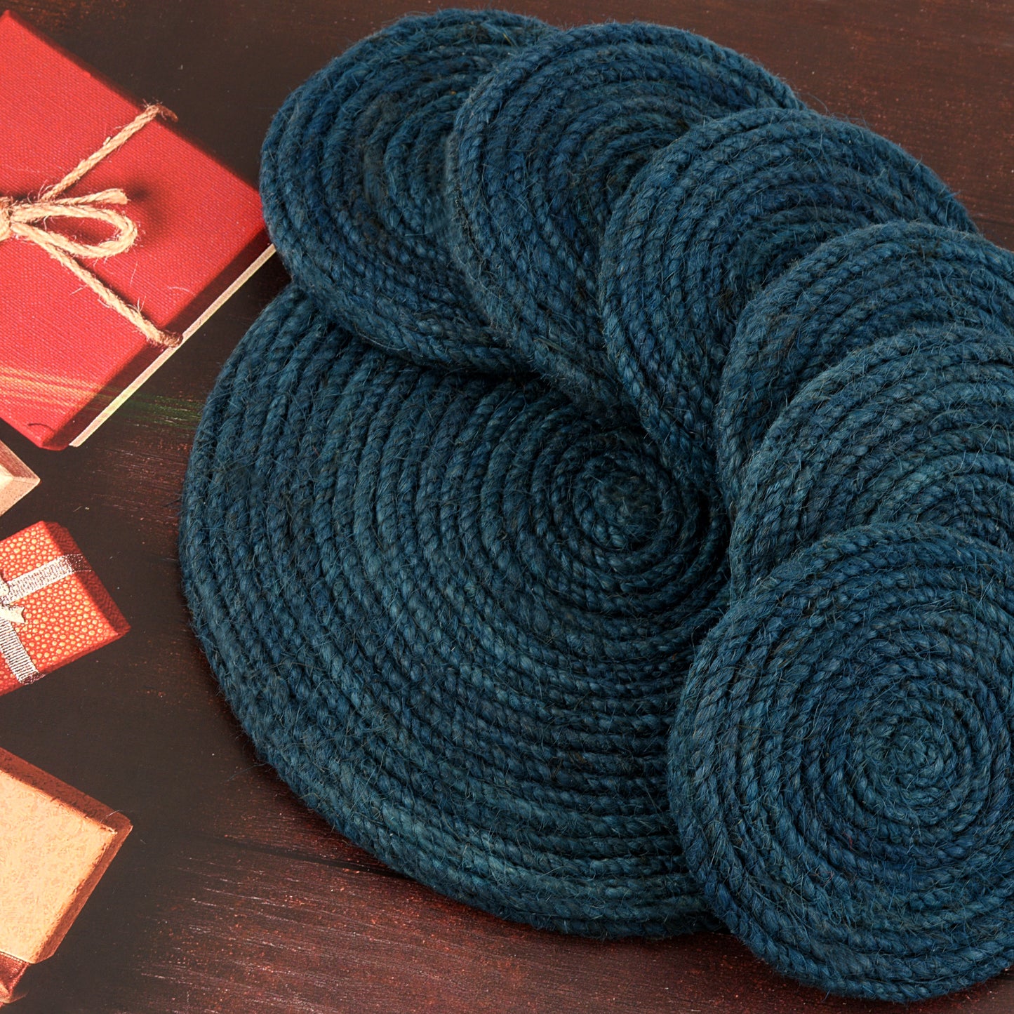 Jute Blue Coaster Set, handmade coaster set , Blue Round design coasters CS013