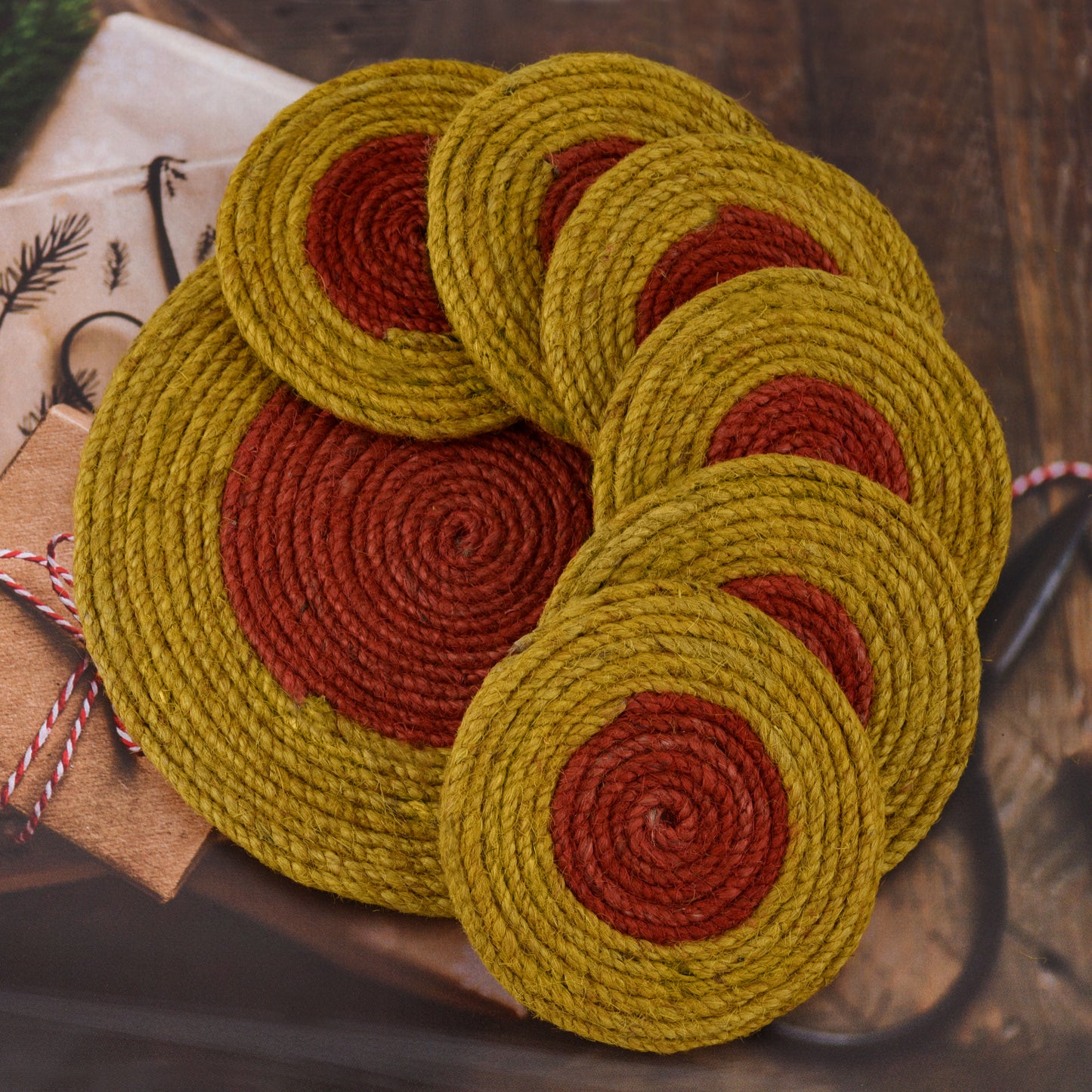 Jute Yellow Red Coaster Set, handmade coaster set , Round design Yellow Red coasters CS016,