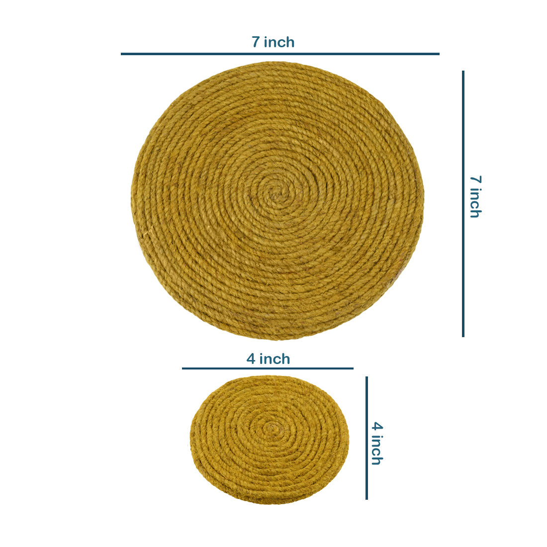 Jute Yellow Coaster Set, handmade coaster set , Round design Yellow coasters CS015,