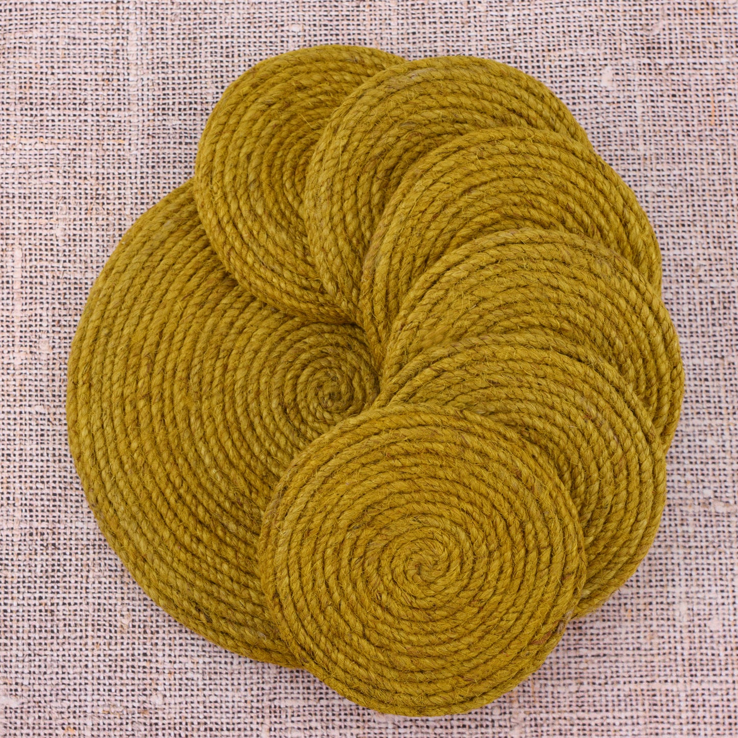 Jute Yellow Coaster Set, handmade coaster set , Round design Yellow coasters CS015,