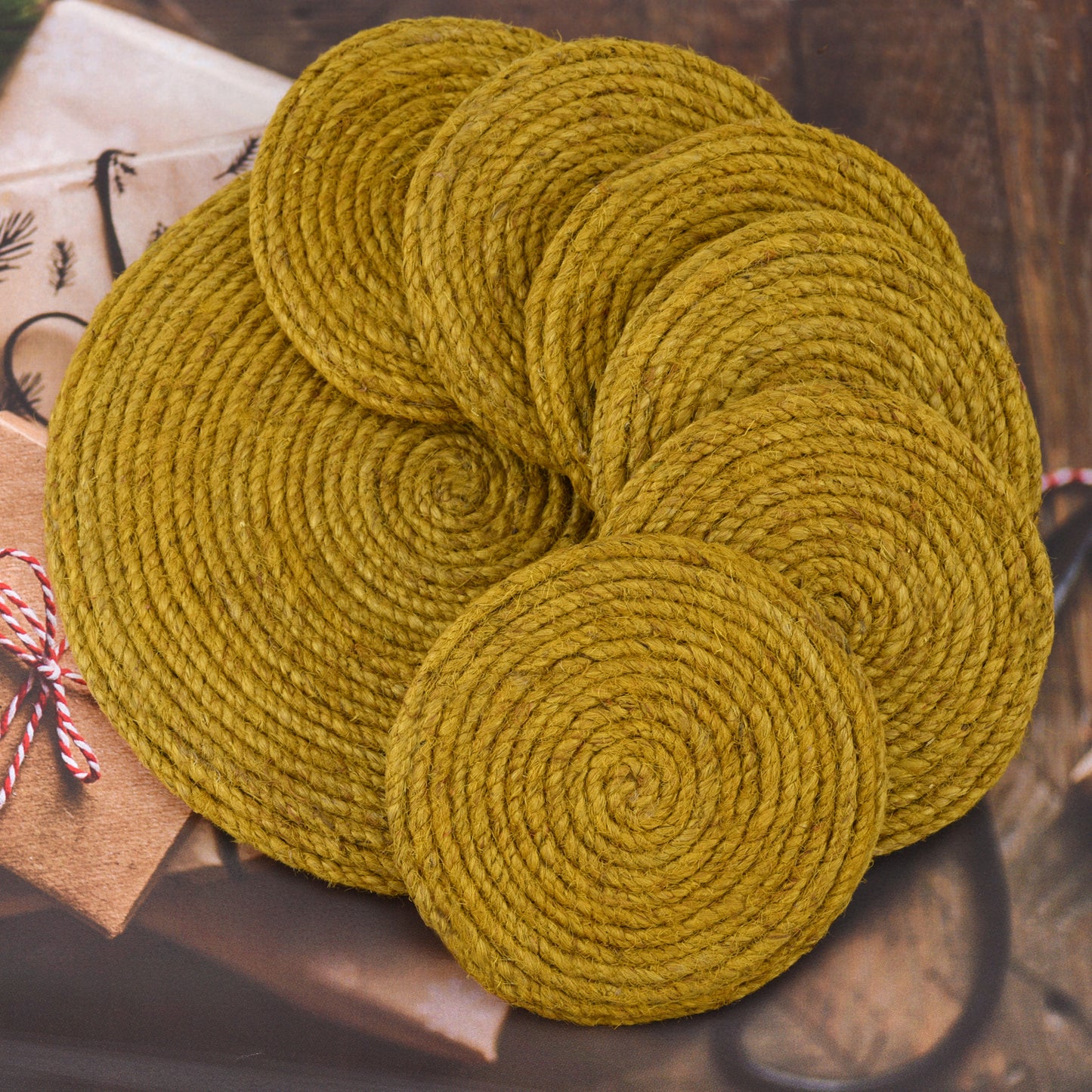 Jute Yellow Coaster Set, handmade coaster set , Round design Yellow coasters CS015,