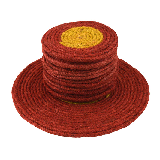 Jute Red Yellow Coaster Set, handmade coaster set , Round design Red Yellow coasters CS018,