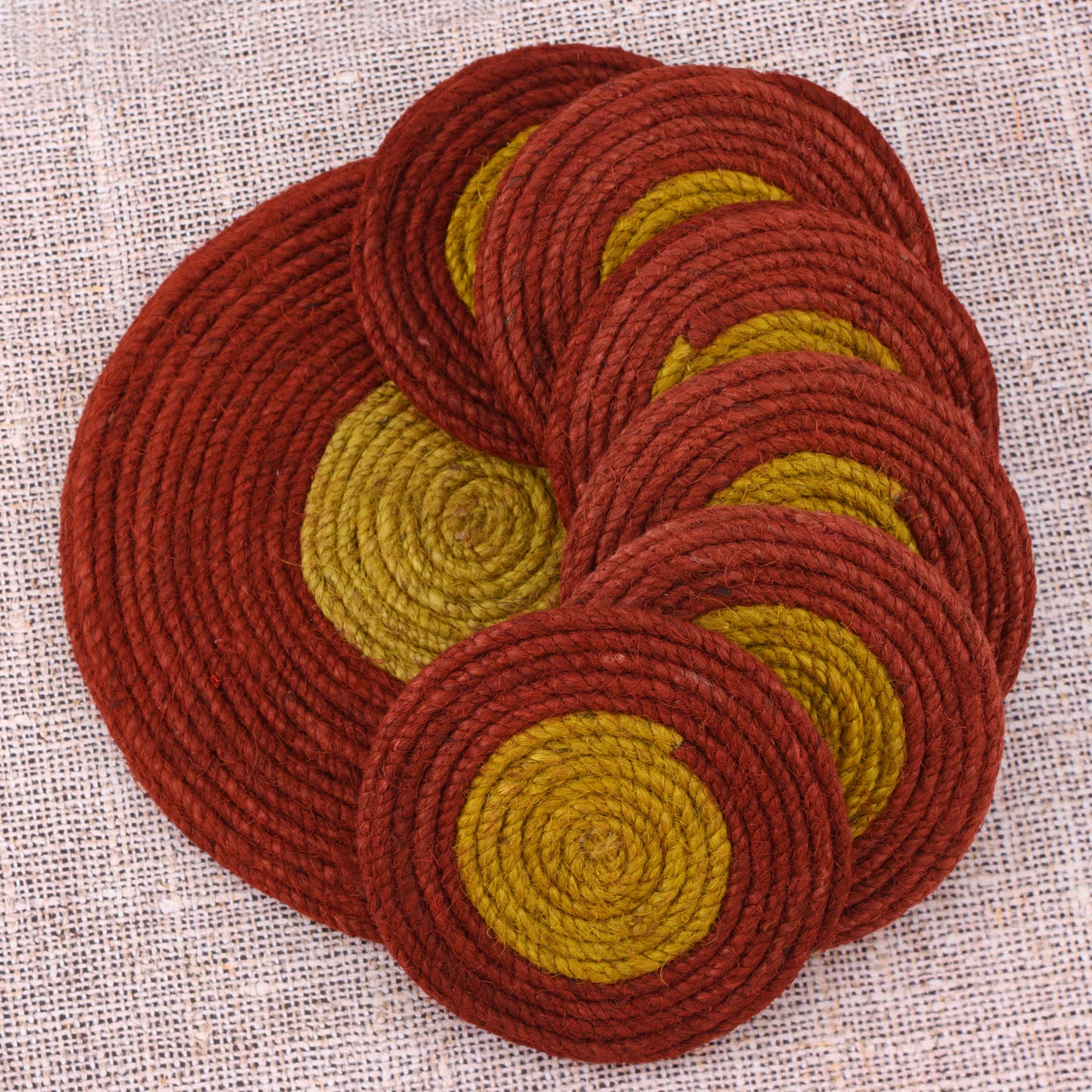 Jute Red Yellow Coaster Set, handmade coaster set , Round design Red Yellow coasters CS018,