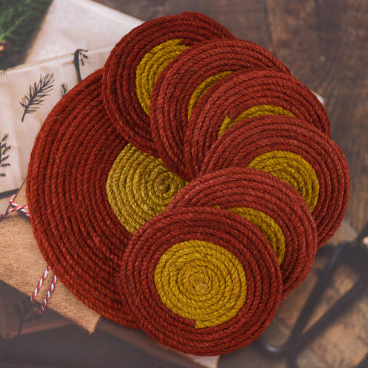 Jute Red Yellow Coaster Set, handmade coaster set , Round design Red Yellow coasters CS018,