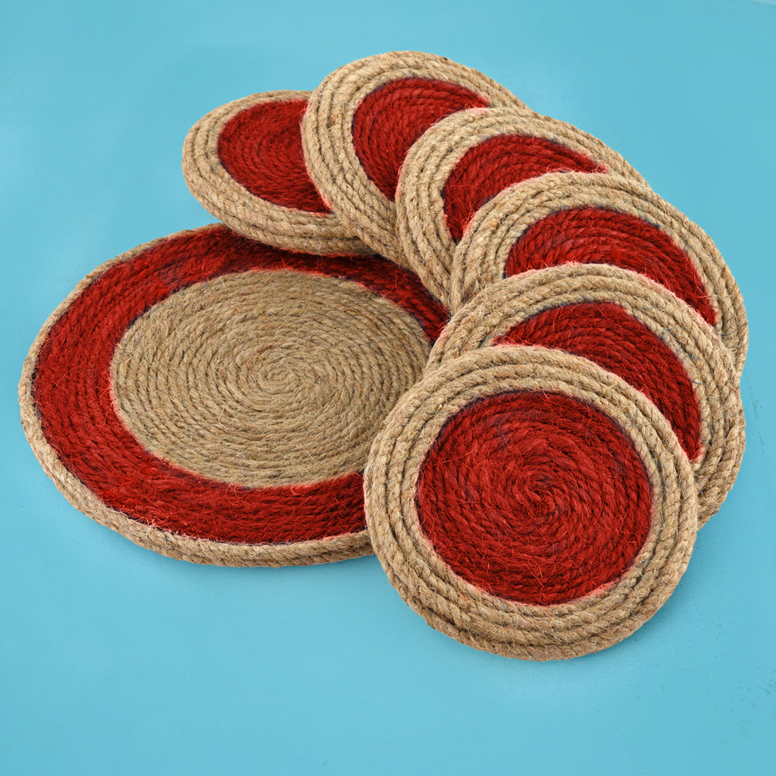 Jute Red Brown Coaster Set, handmade coaster set , Tea coaster CS03