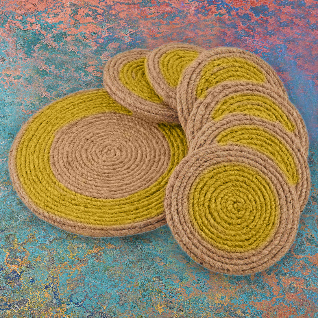 Jute Yellow Brown Coaster Set, handmade coaster set , Tea coaster CS07