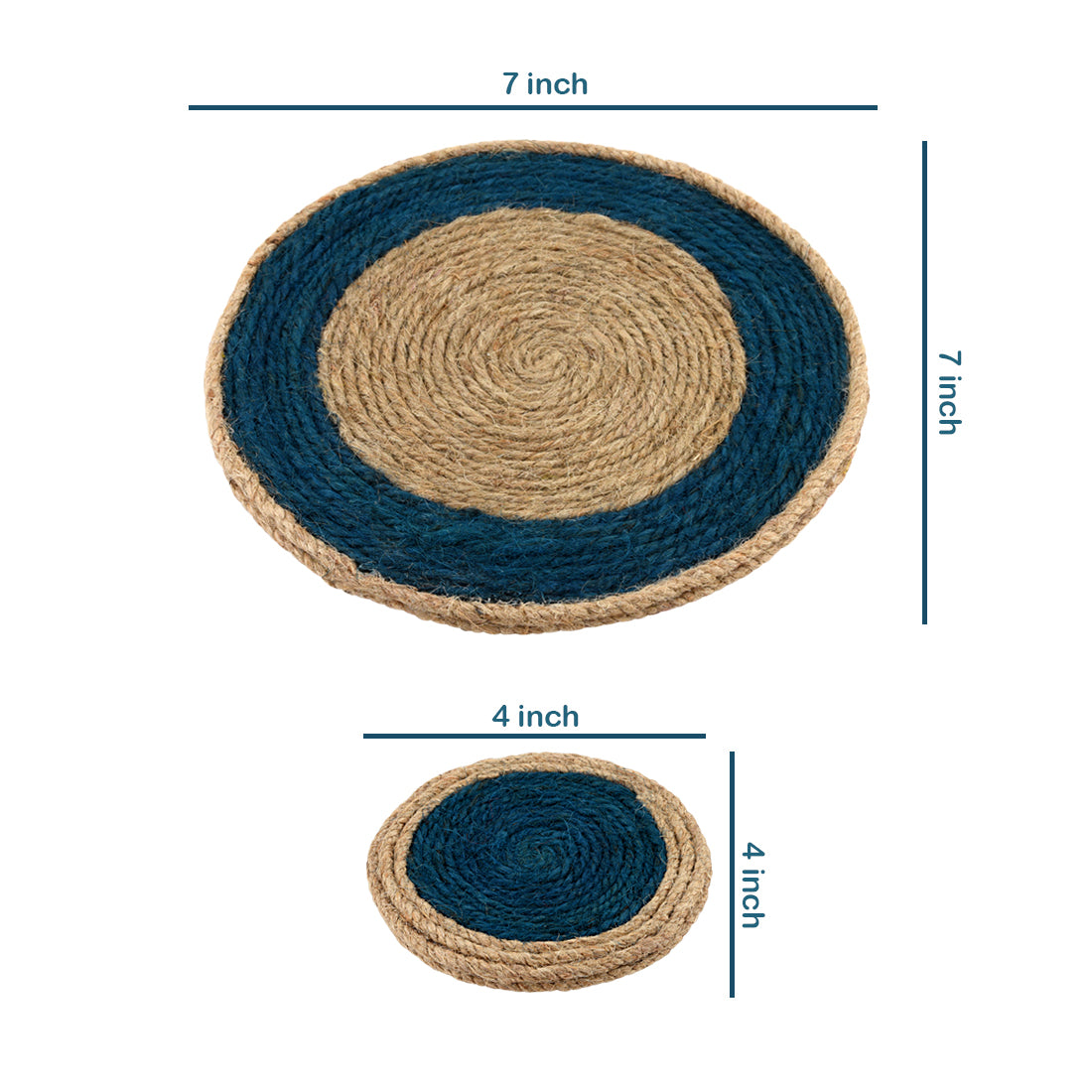 Jute Blue Brown Coaster Set, handmade coaster set , Blue Brown Round design coasters CS01