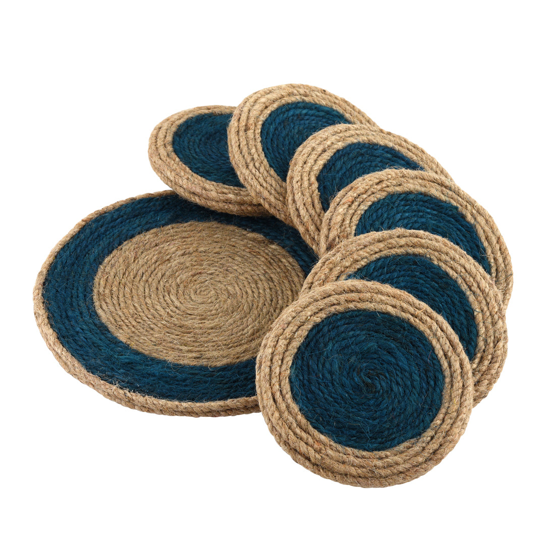 Jute Blue Brown Coaster Set, handmade coaster set , Blue Brown Round design coasters CS01