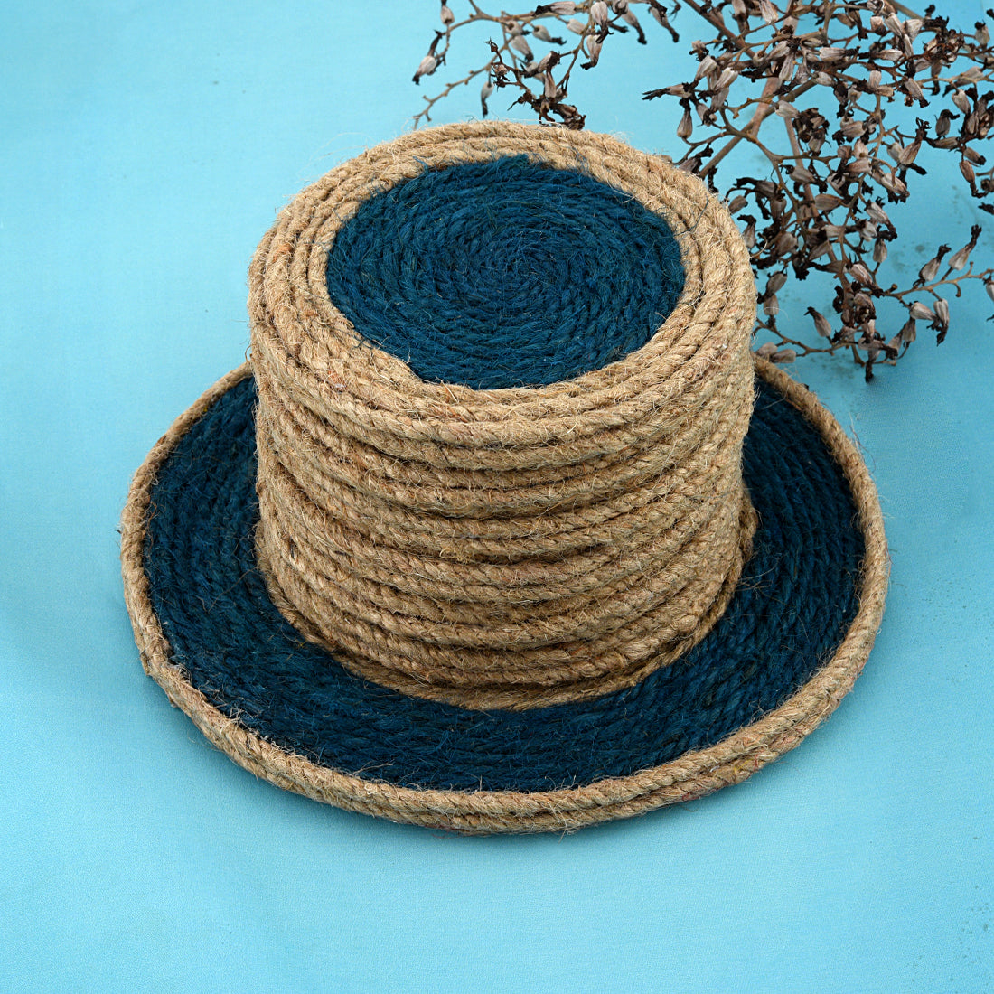 Jute Blue Brown Coaster Set, handmade coaster set , Blue Brown Round design coasters CS01