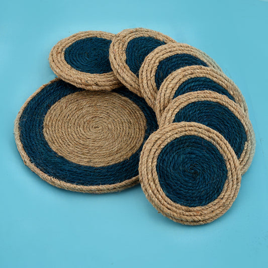 Jute Blue Brown Coaster Set, handmade coaster set , Blue Brown Round design coasters CS01