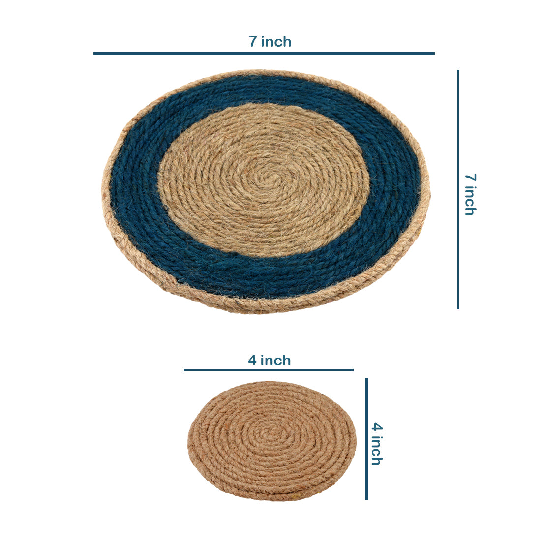 Jute Blue Brown Coaster Set, handmade coaster set , Blue Brown Round design coasters CS02