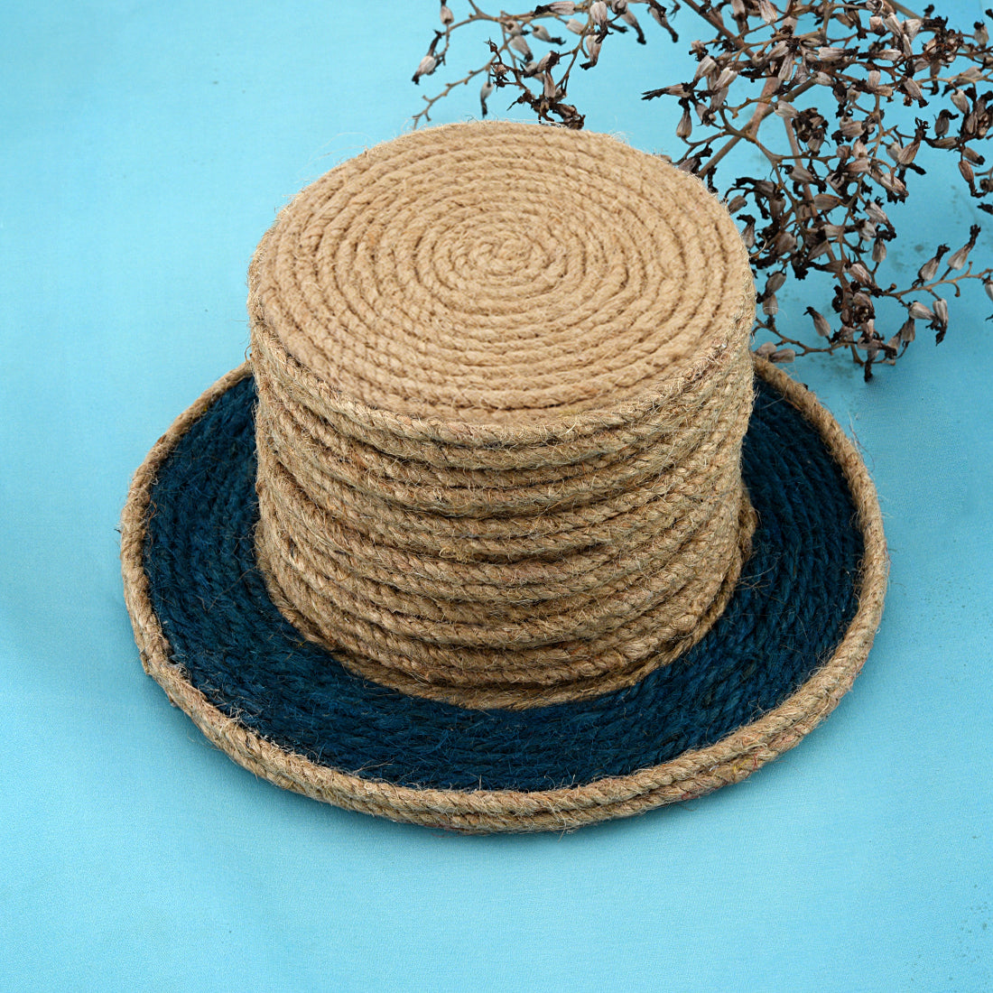 Jute Blue Brown Coaster Set, handmade coaster set , Blue Brown Round design coasters CS02