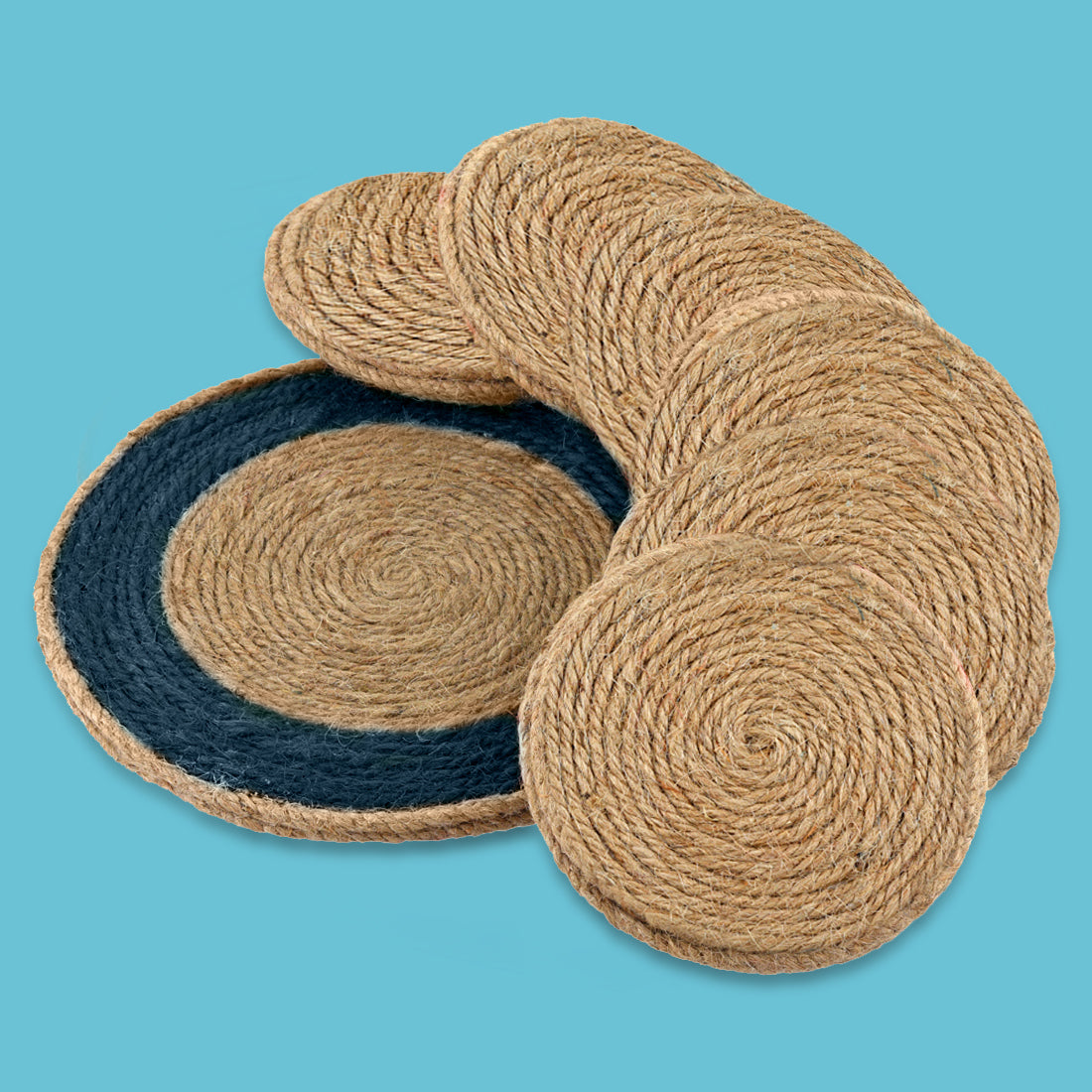 Jute Blue Brown Coaster Set, handmade coaster set , Blue Brown Round design coasters CS02